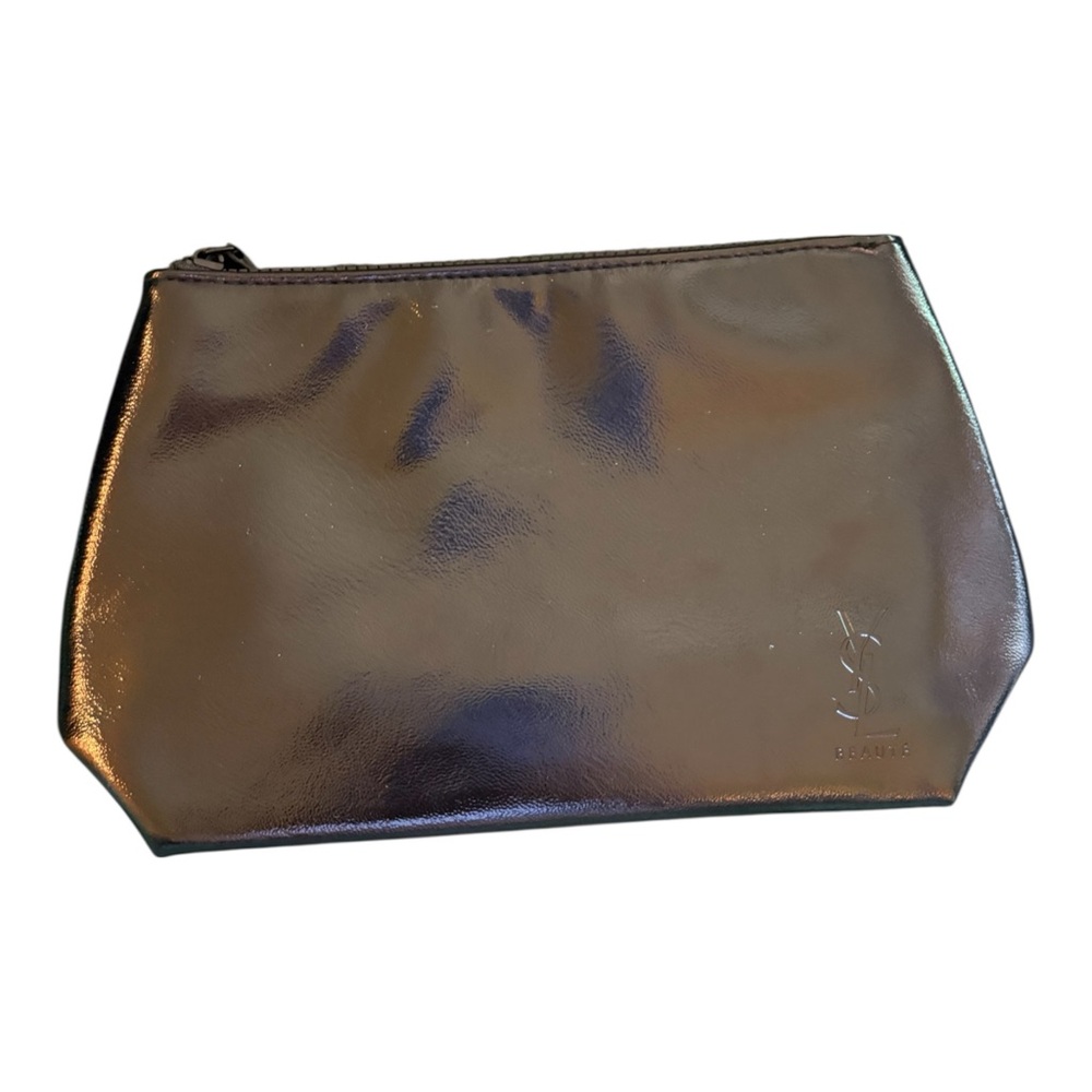Yves Saint Laurent YSL Makeup Cosmetic Black Faux Leather Logo Travel Bag Pouch